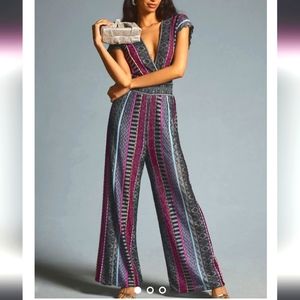 ANTHROPOLOGIE Cecilia Prado black Striped Deep-V wide Jumpsuit SLEEVELESS Medium